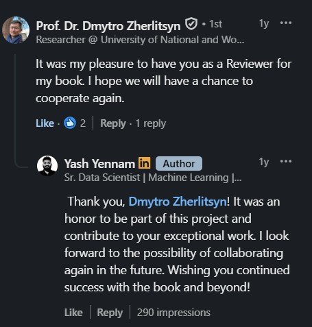Exchange between Dmytro Zherlitsyn and Yash Yennam about the book collaboration